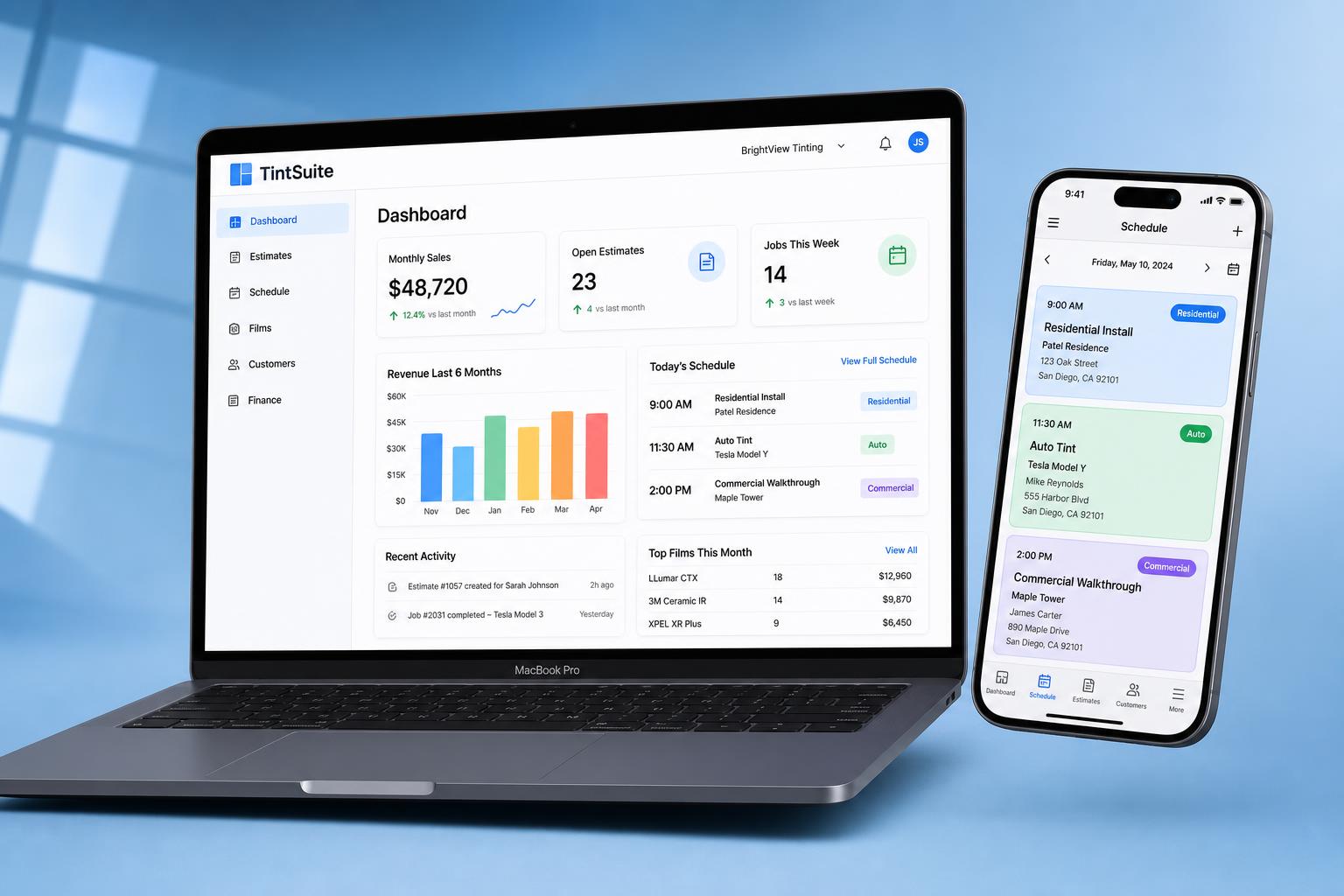 TintSuite dashboard shown on a laptop and phone, displaying residential, commercial, and auto window tinting jobs