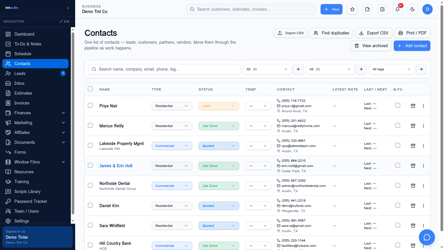 Contacts screen inside TintSuite