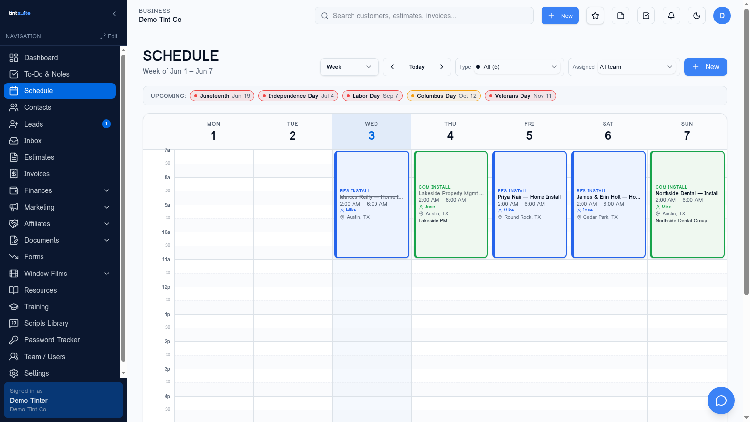 Schedule screen inside TintSuite