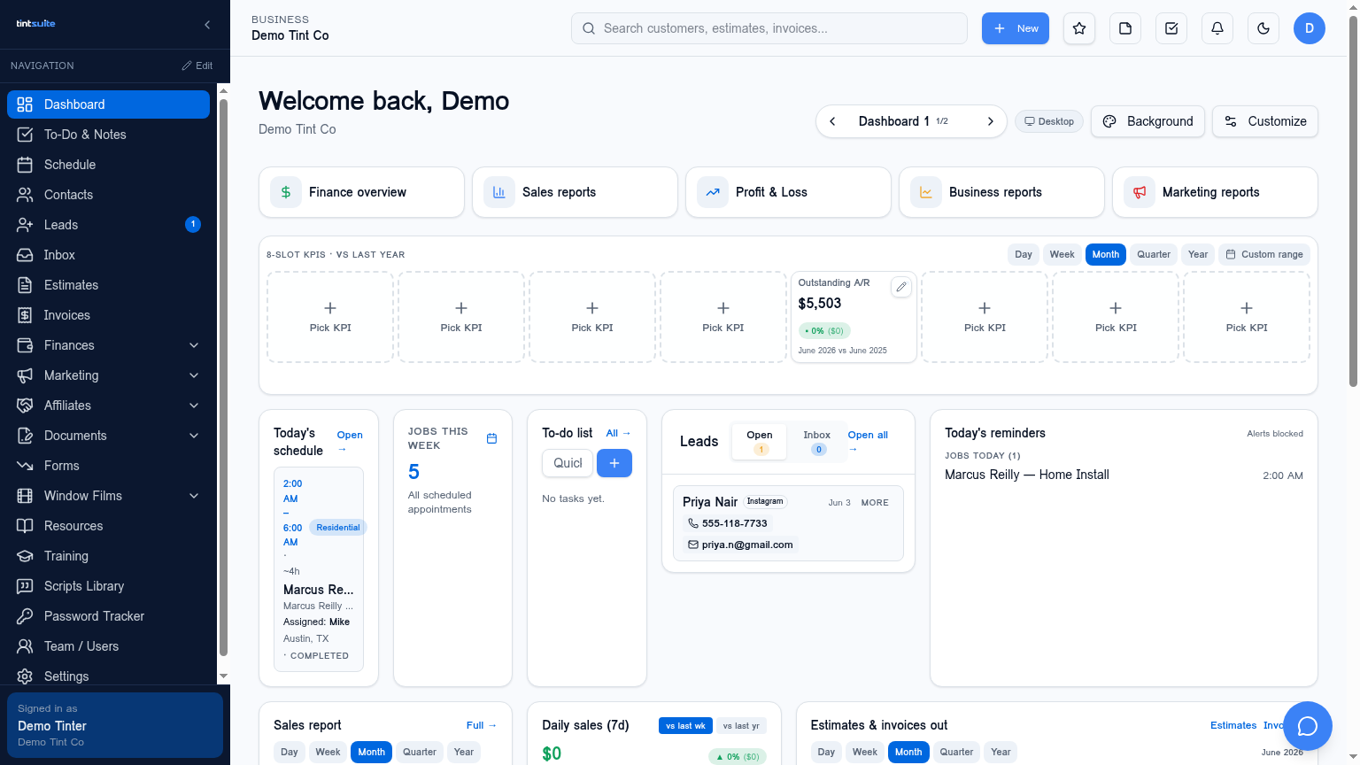 Dashboard screen inside TintSuite