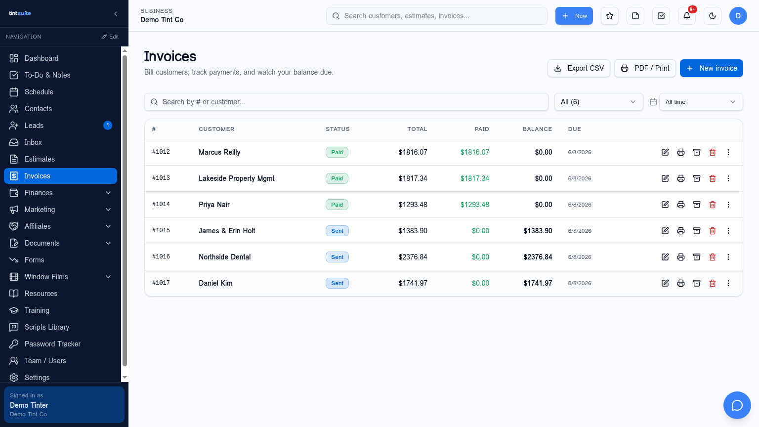 Invoices screen inside TintSuite