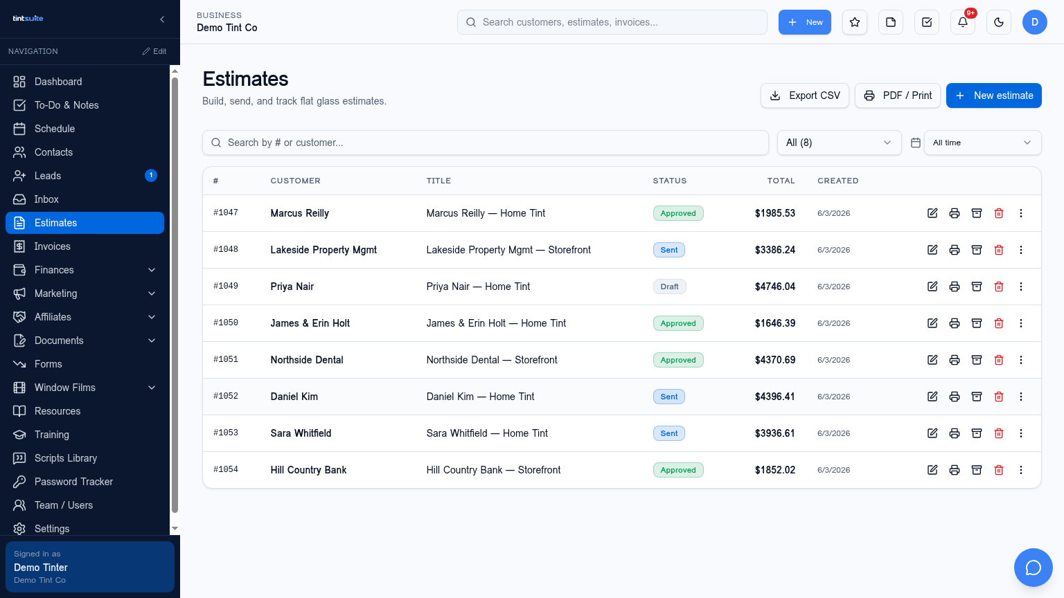 Estimates screen inside TintSuite